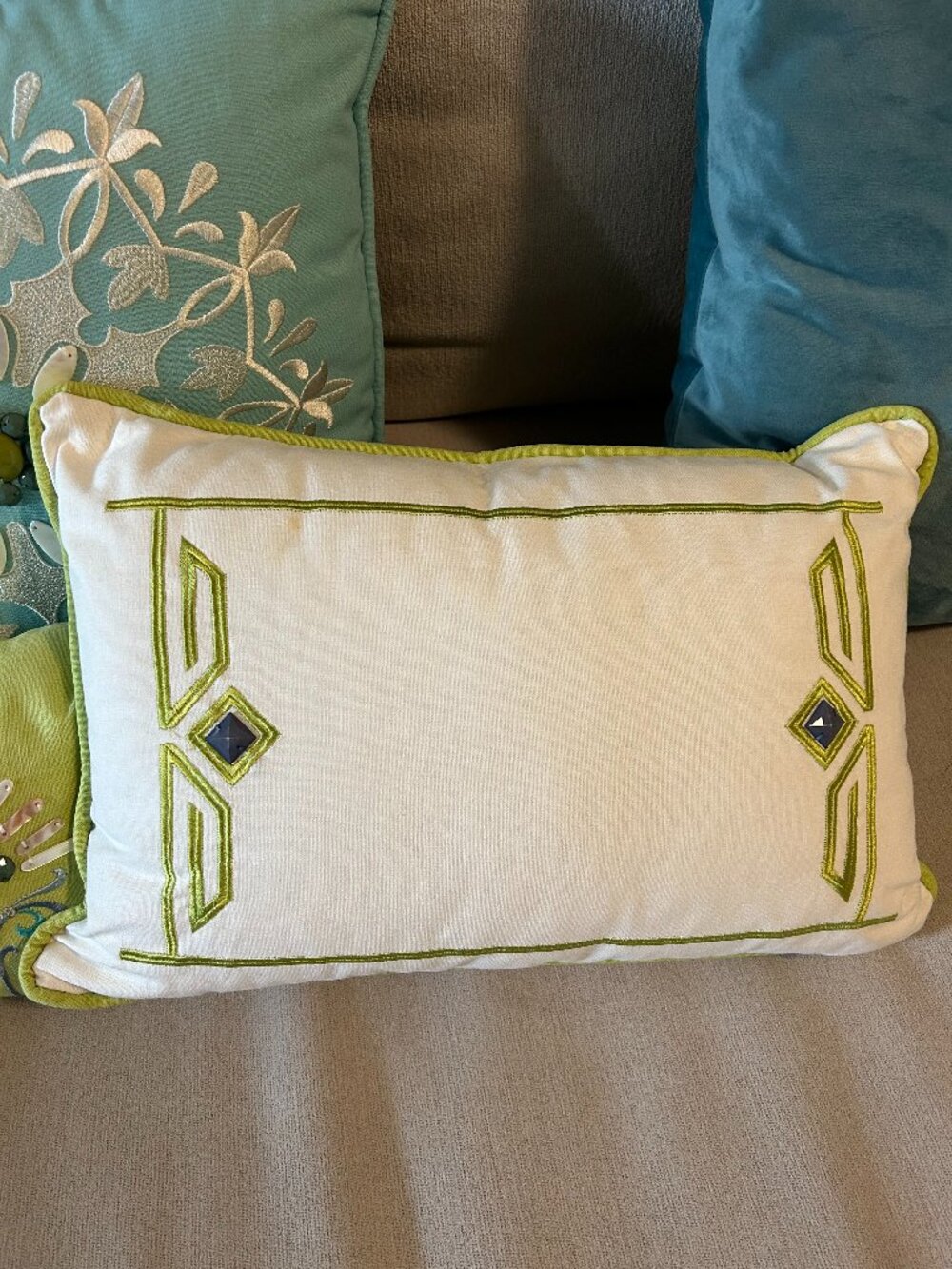 12 x 18 White w/Green Jeweled Accent Pillow